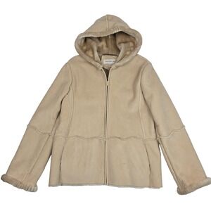 Jones New York Sport Women's Tan‎ Suede Leather Hooded Jacket Faux Fur Lining L